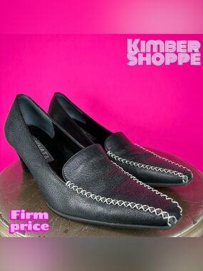 Prevata Black Leather White Stitch Detail Low Heel Pump US 7.5